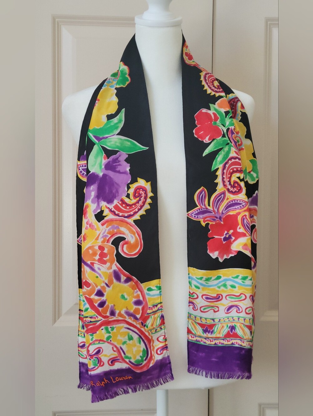 Ralph Lauren Black Scarf with Purple, Yellow, Green & Red Floral Print